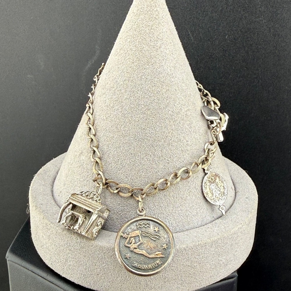 Vintage Sterling Silver Charm Bracelet Aquarius Class of 1974 7"